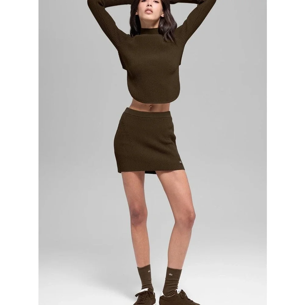 Alo Yoga Denim Knit High-Waist Skirt Women Small Espresso Ribbed Athletic